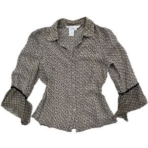Max Studio Vintage Silk Chiffon Bell Sleeve Button Front Collared Blouse Medium